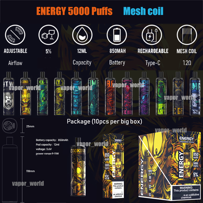 

Disposable Vape ENERGY 5000 puffs Rechargeable E Cigarettes 850mah battery 12ml pre-filled Mech coil airflow control vaporizer VS R and M tornado RandM Dazzle