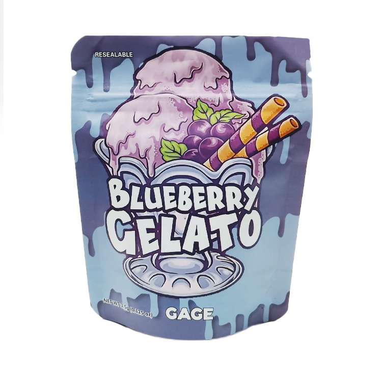 

custom printed 3.5 mylar bags smell proof resealable matte foil laminated food storage bag OEM blueberry gelato