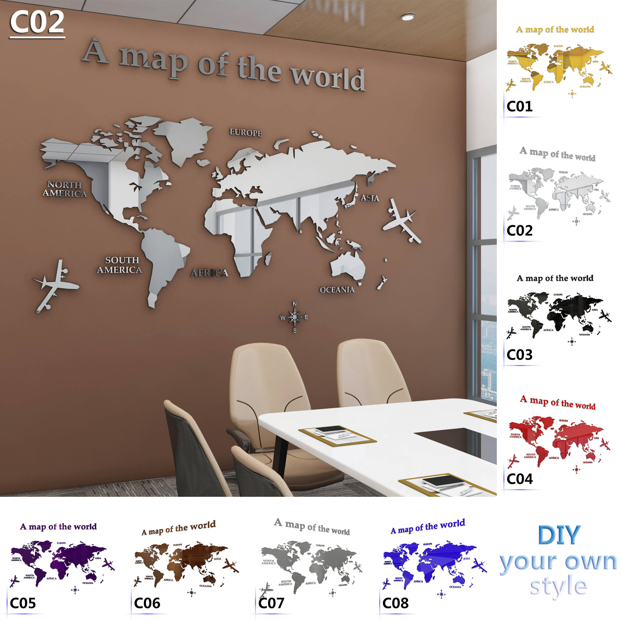 

Kinds World Map with Words Airplane Acrylic Wall Sticker Vinyl Decal Home Decor