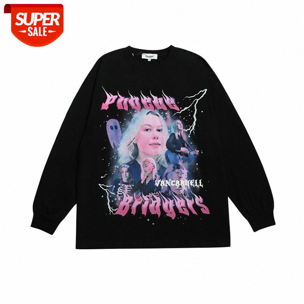 

Wind rock character printing long-sleeved T-shirt men's street hip-hop flow loose round neck shirt compassionate #Wd2M, White;black