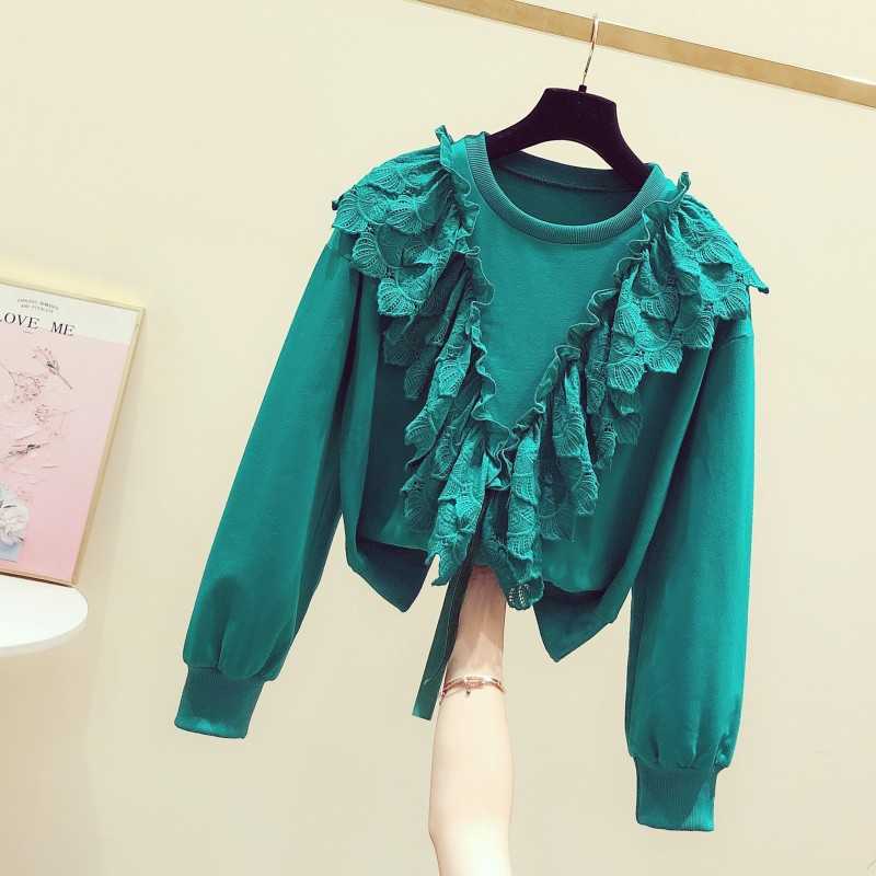 

O Neck Long Sleeve Short Hoodies Elegant Ruffles Lace Green Sweatshirt Autumn Spring Pullovers Loose Casual Top 210601