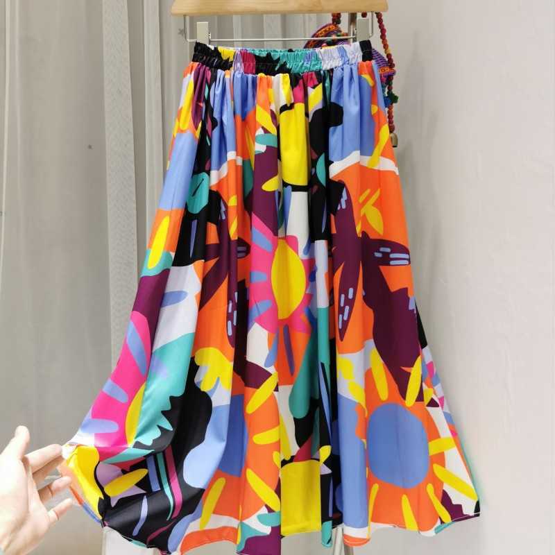 

VANOVICH Fashion Women Skirt Elastic Waist High Summer Europe Casual Wild Printing Sweet Skirts Female 210615
