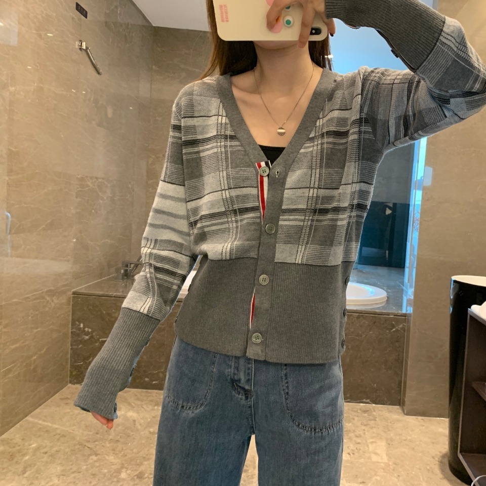 

TB grey Plaid cardigan 1264 Korean striped wool loose net red ins tide V Neck knitted coat women' wear, Gray