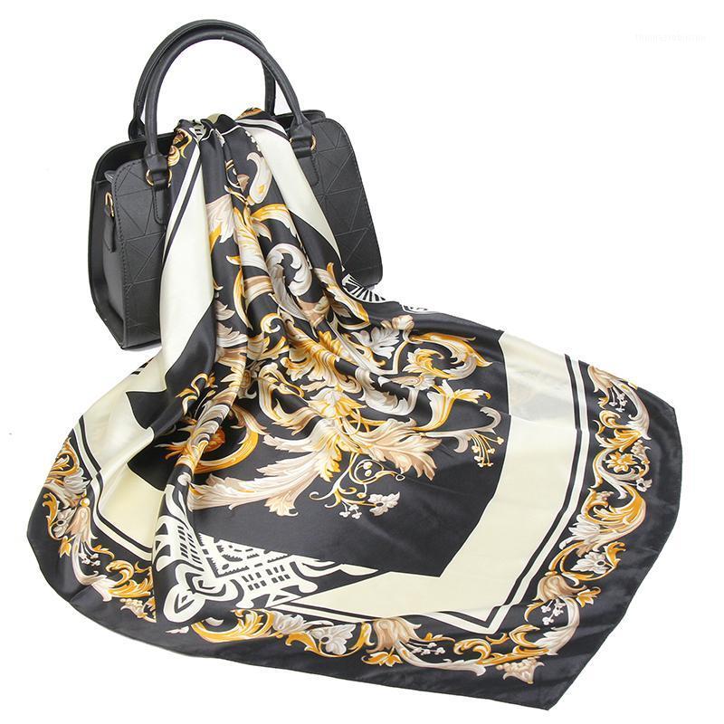 

Scarves Silk Scarf Women Black Flower Print Fashion Foulard Bandanna 90*90cm Square Shawls And Wraps Satin Head Hair Scarfs