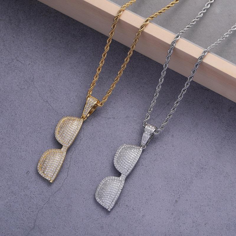 

Pendant Necklaces Hip Hop Jewelry Fashion NecklaceCZ Zircon Stone Paved Bling Iced Out Glasses Shape Rapper Gift For Men Women, Silver