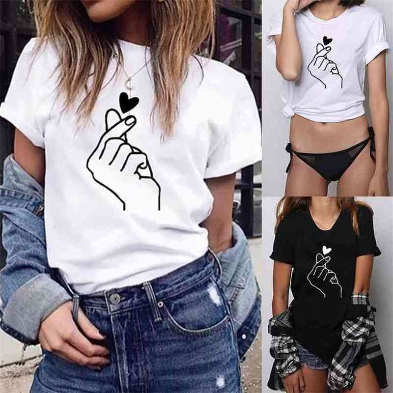 

Funny T-shirt Tees Korea Style Finger Heart Pattern I Love You Hipster T Shirts Women Print Short Sleeve Summer 210517, Black