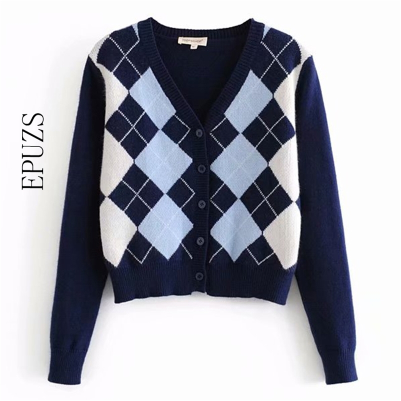 

Women blue Cardigan sweater Vintage Geometric Pattern Short Knitted Sweater winter Long Sleeve English Style crop 210521, Gray