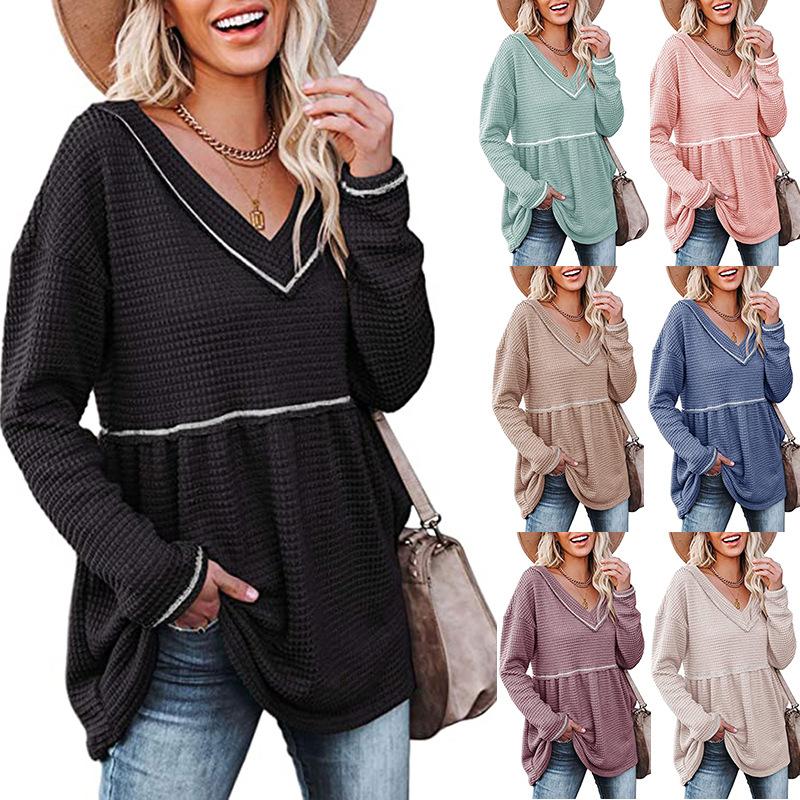 

Women's T-Shirt Fashion Women Shirt 2022 Spring Winter V-neck Pleated Plus Size Long Clothes Sleeve Top Blusa Mujer 18190, White
