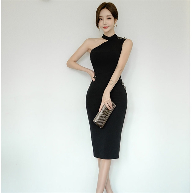 

Summer han edition style elegant temperament show thin neck hung package buttocks dress 210602, Black