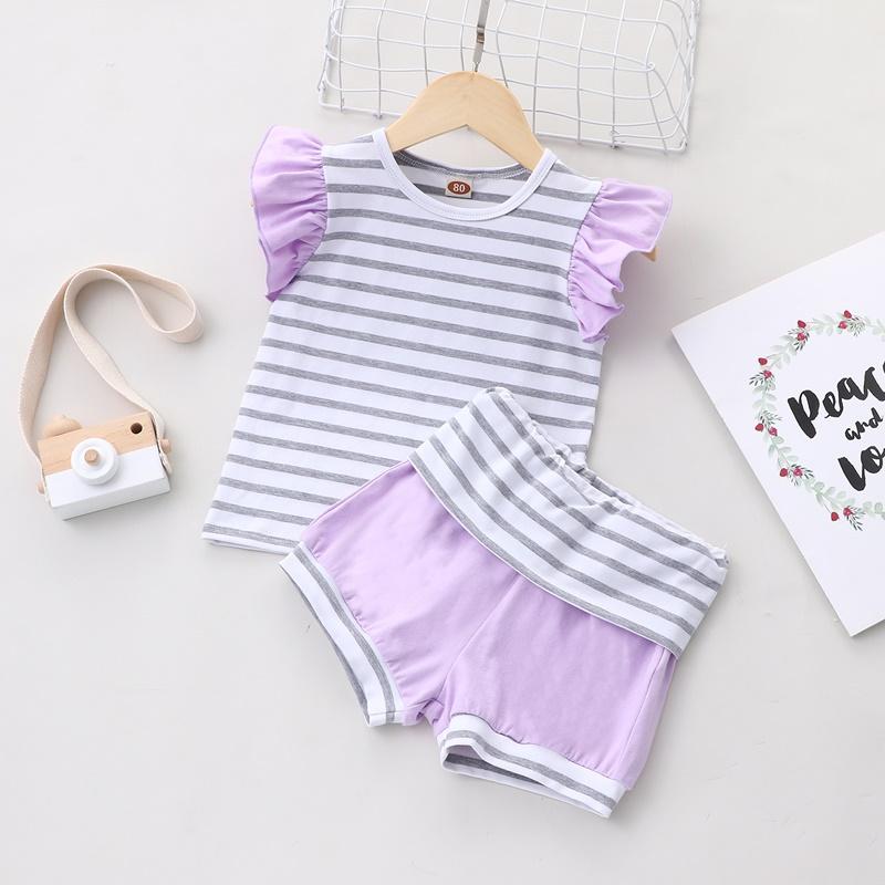 

Clothing Sets Baby Girl Clothes Set Fashion 2 Pcs Striped Ruffles Sleeveless T-shirts Tops+short Pants Born 0-18M, White