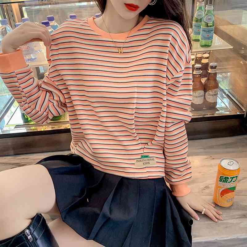 

Striped short sweater women' spring autumn 2021 new Korean loose and thin design sense niche T-shirt, Green
