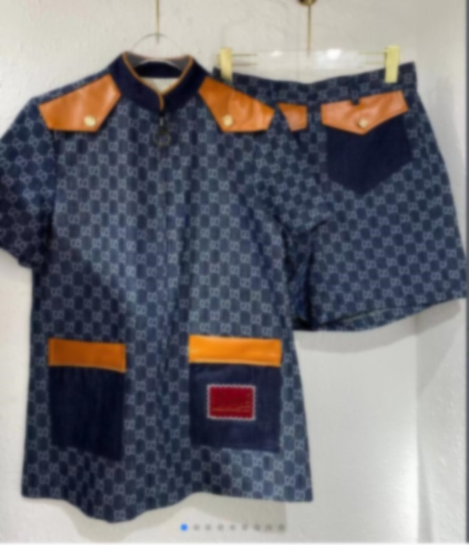 

2021 stand-collar short-sleeved denim jacket shorts brown pure leather stitching piping suit 425, Gray
