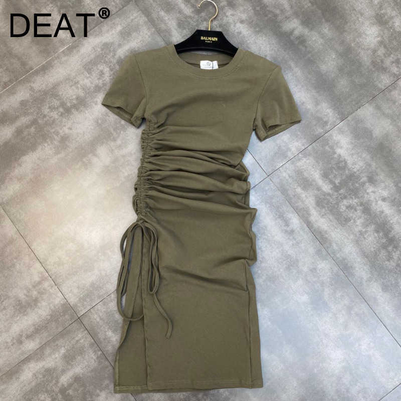 

DEAT Women Drawstring Split Dress Round Neck Short Sleeve Arrivals Lady Temperament Fashion Spring Summer 11D1254 210709, Army green