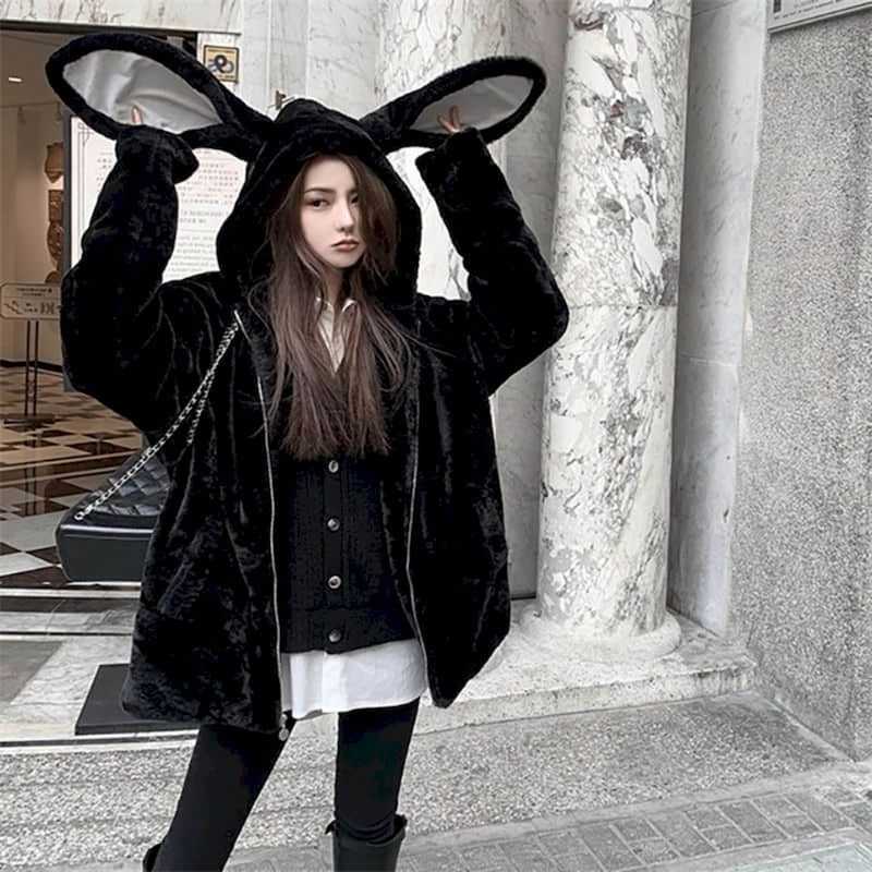 Women Faux Fur Jacket female tops Thick Mid-length Cute Hooded Winter Rabbit Ears Faux Rex Rabbit Plush Fur Coat Soft Girl 210927