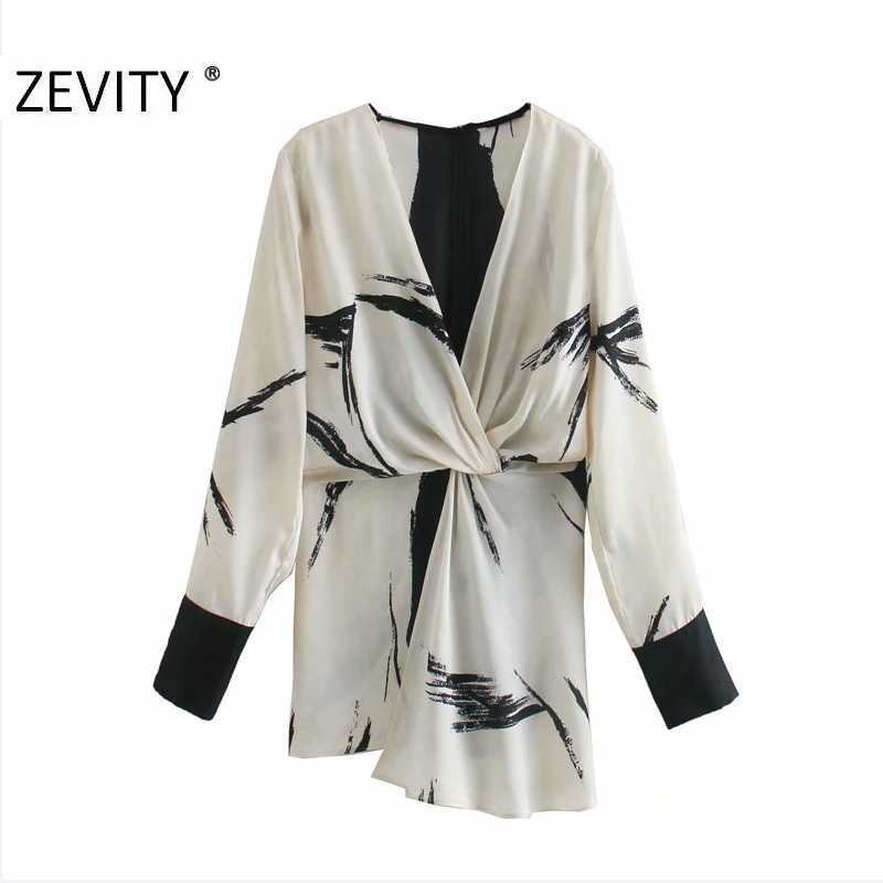 

Zevity Women vintage color matching ink print knotted chiffon blouse lady back zipper shirt chic feminina blusas tops LS7226 210603, As pic ls7226o