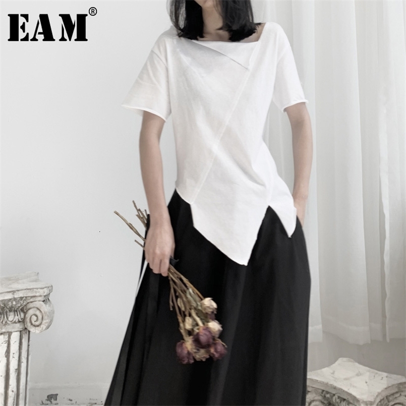 

[EAM] Women White Asymmetrical Split Joint T-shirt Round Neck Short Sleeve Fashion Spring Autumn 19A-a662 210708