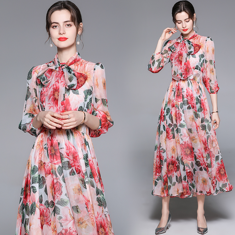 

Vintage Red Camellia Printed Chiffon Dress Women 2022 Runway Designer Bibbon Bow Tie Neck Beach Resort Floral Flowy Dresses Fashion Ladies Office Party Clothes, Green