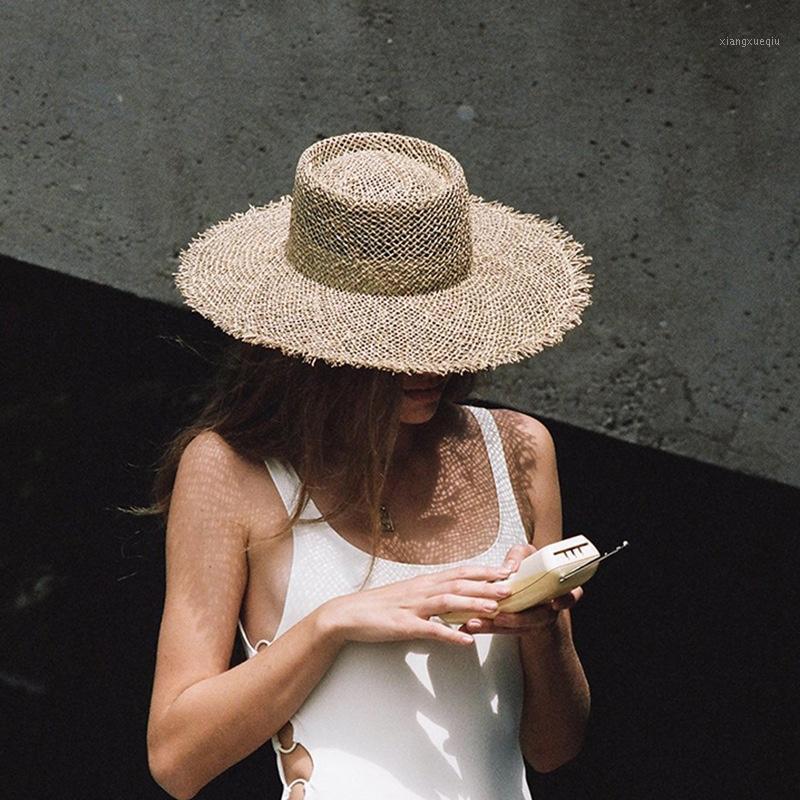 

Women Girl Cool Ladies Summer Hat Fashion Breathable Green Real Sea Grass Straw Beach Sun Hats Wide Brim, Blue;gray