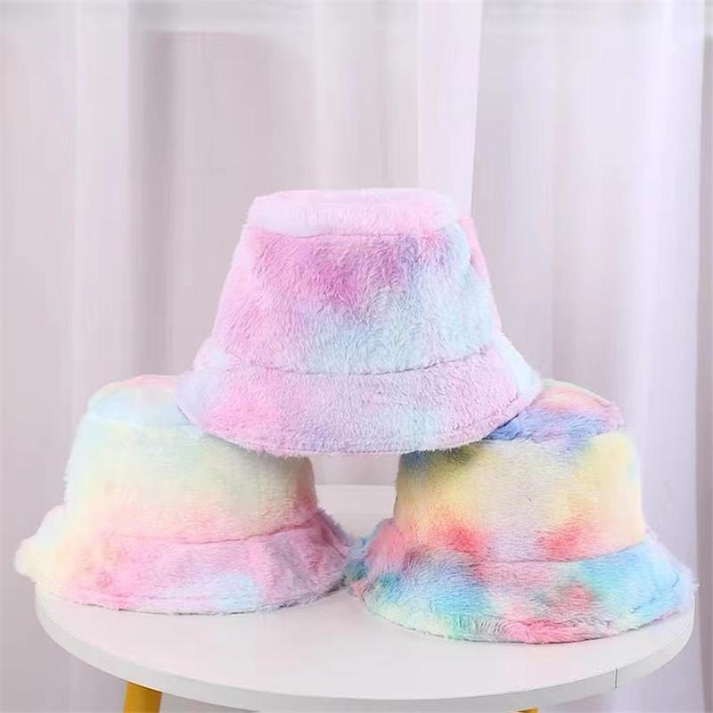 

Wide Brim Hats Winter Bucket Hat Faux Fur Fluffy Tie-Dyeing Sun Plush Warm Women Panama Cap Fashion Furry Outdoor Girl Fisherman, E bucket hats