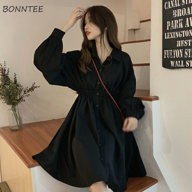

Dress Women Korean Elastic Waist Design Vintage Black Simple Summer Womens Vestidos Lantern Sleeve Trendy Preppy Girls Dresses
