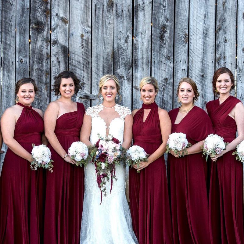

Bridesmaid Dress Maxi Burgundy Convertible V Neck Custom Made Infinity Floor Length Sleeveless Multi-way
