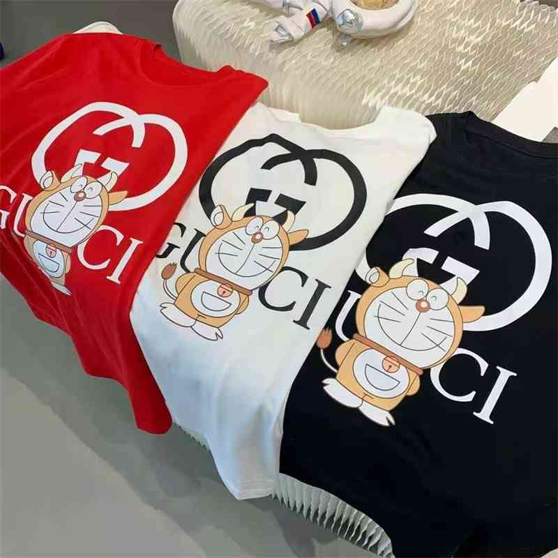 

Chao brand 2021 new G family Doraemon robot cat co branded short sleeve men's and women's T-shirt net red cartoon loose top, White;black