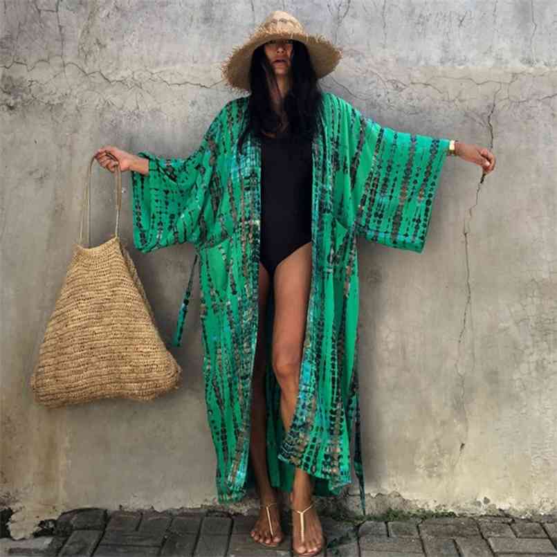 

Fitshinling Snake Print Oversize Beach Cover Up Swimwear Summer Vintage Kimono Bohemian Holiday Long Cardigan Outing 210722, Green