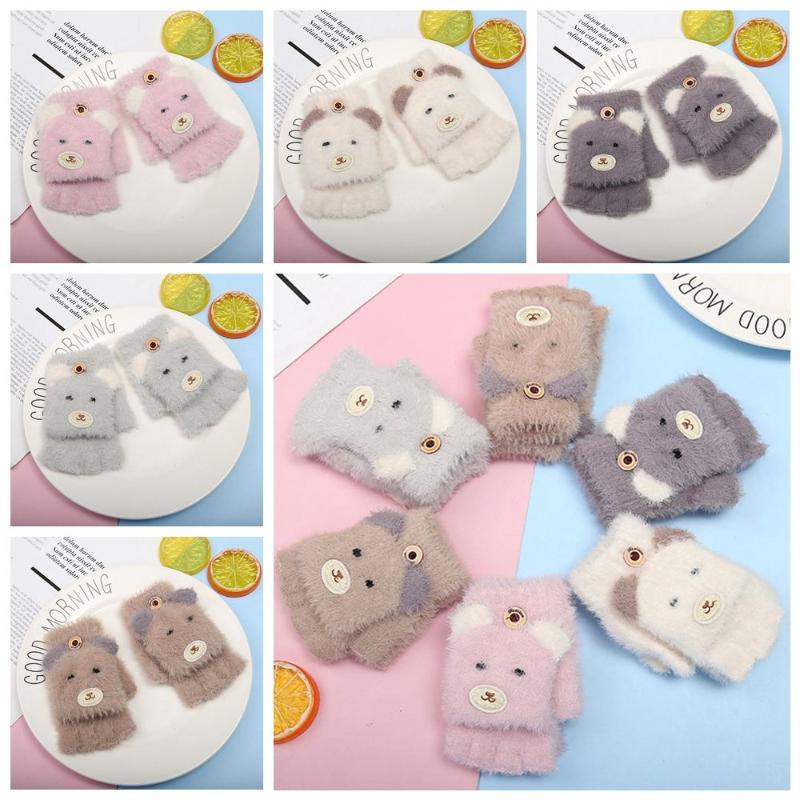 

Children's Mittens 3-9Years Baby Winter Gloves Children Girl Boy Half Finger Flip Cover Boys Animal Warm Knitted, White