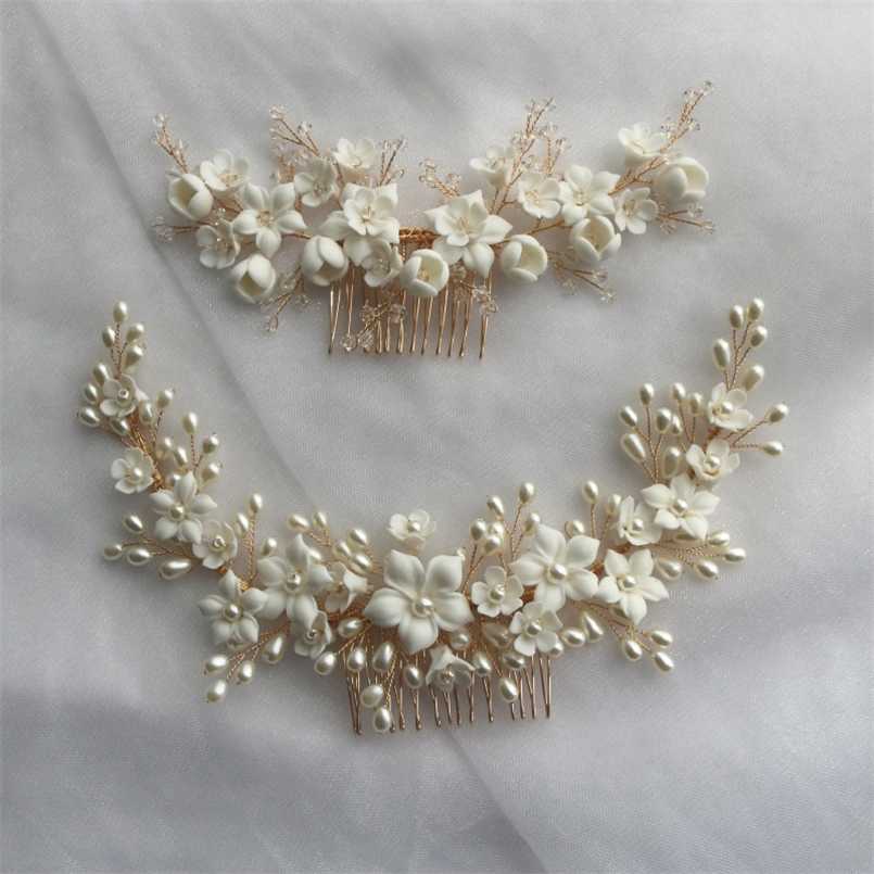 

White Ceramic Flower Hair Comb Bridal Crown Pearls Jewelry Handmade Wedding Headpiece Fashion Women Hairpiece 211019