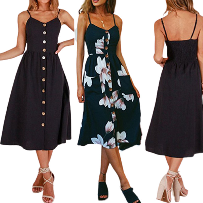 

Fashion Sexy Women Sleeveless Backelss Summer Dress 2021 Black White Casual Dress Spaghetti Strap Dresses Button midi Sundress, 8007-floral red