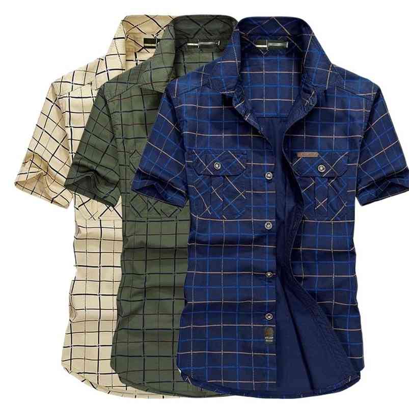 

Summer Shirt Mens Short Sleeve s High Quality Cotton Male Plaid 2 Pockets Plus Size -5XL Man Clothes 210721, Khaki