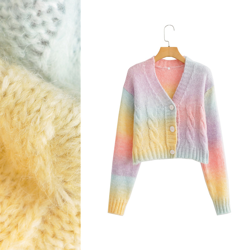

New design women' autumn fashion v-neck long sleeve gradient color tie-dying knitted short sweater coat  M, As pic