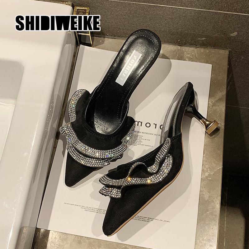 

Soring Med Heel Mules Slippers Ladies Pointed Toe Strange Style Crystal Outside Sandals Shoes Women Wedding Va931, Black
