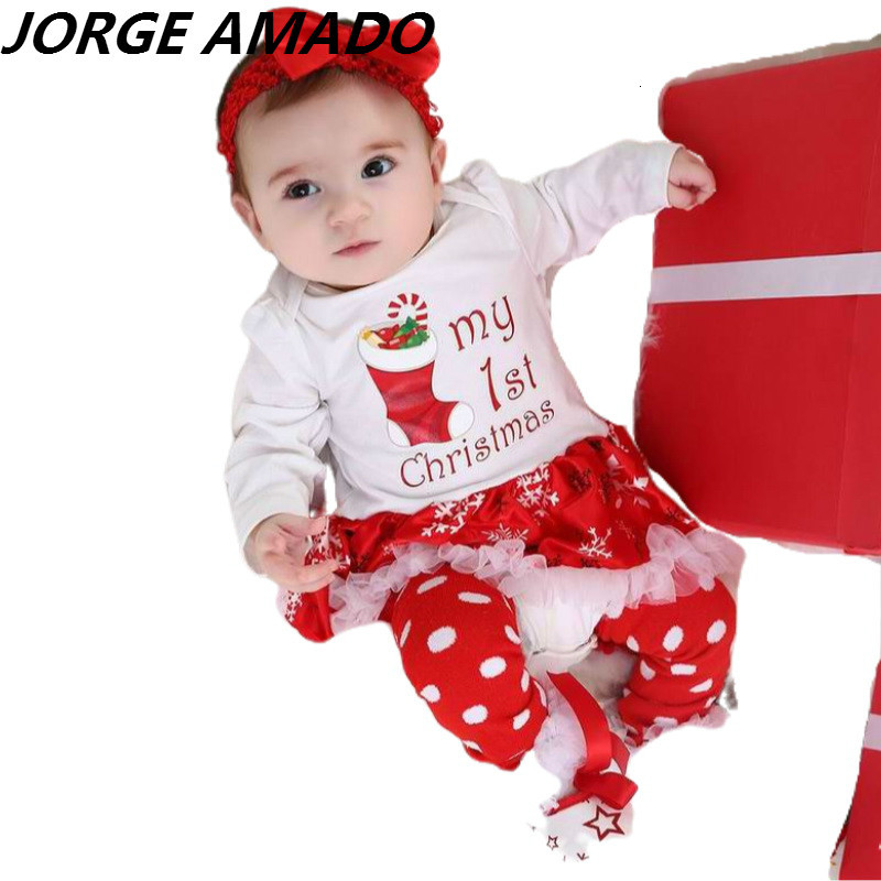 

Girl's Dresses Baby Girl christmas Cotton 1st Birthday Bodysuit+Shoes+Socks+Headband 4pcs Sets Clothing YK008 HHIT