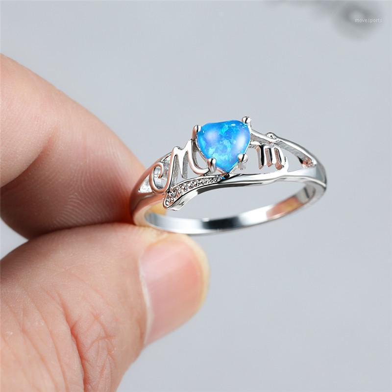 

Wedding Rings Female Classic Hollow Mom Ring White Blue Purple Opal Heart Stone For Women Charm Silver Color Thin Mother's Day Gift1
