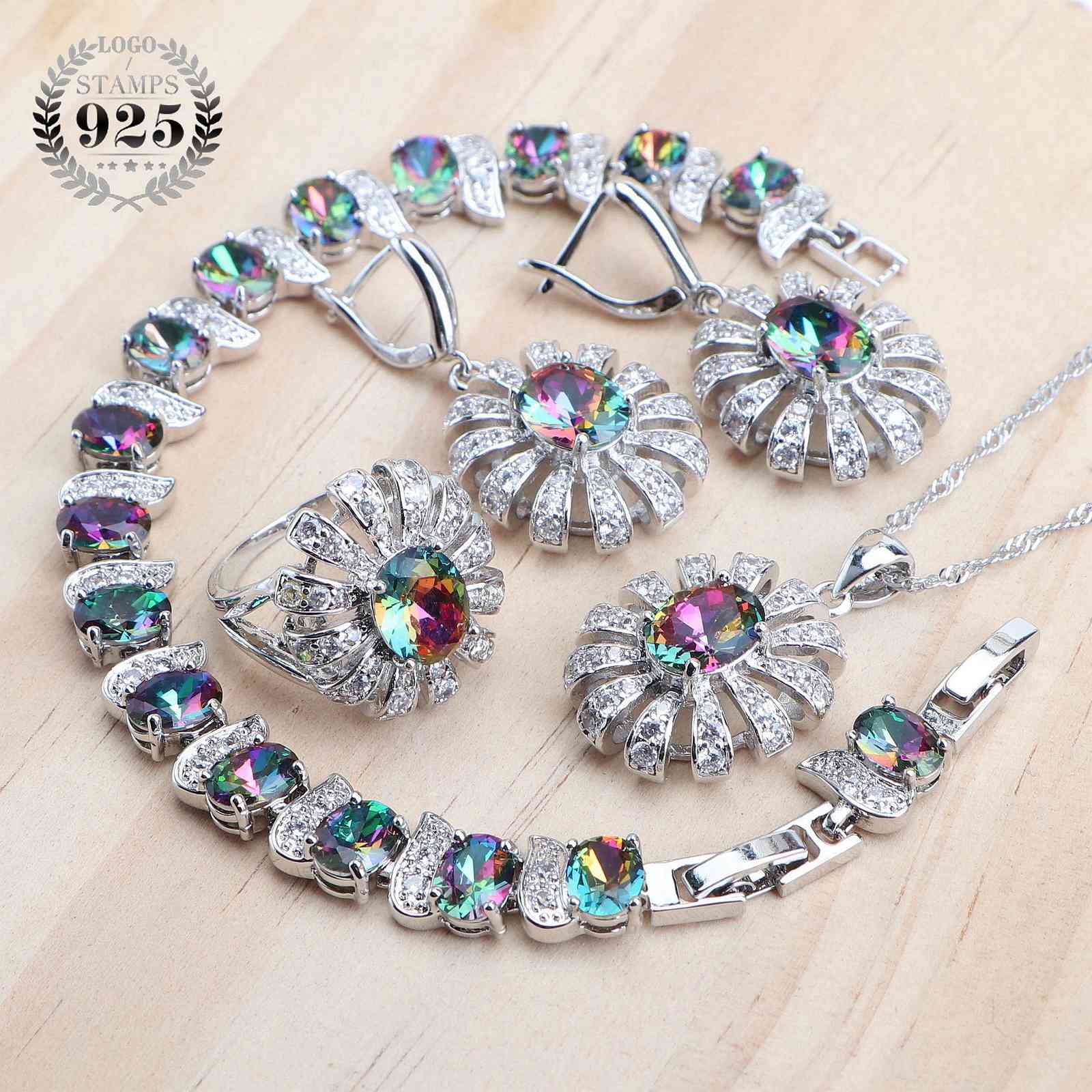 

Silver 925 Jewelry Sets Bridal Wedding Jewellery For Women Rings Magic Rainbow Zircon Bracelets Earrings Pendant Neckalce Set