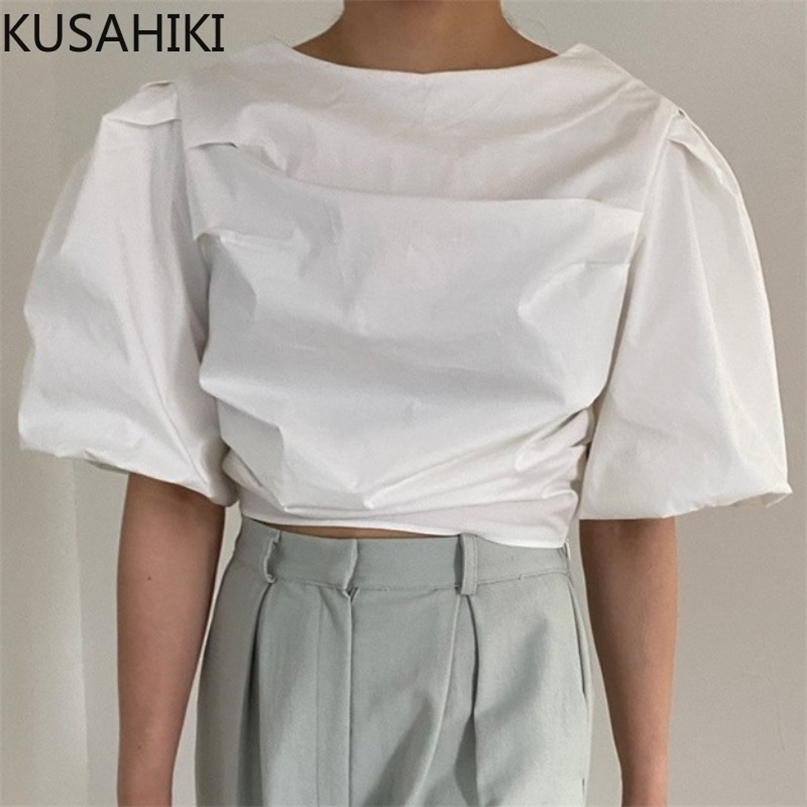 

Korean Folds Womens Tops and Blouses Puff Sleeve O-neck Elegant Shirts Summer Solid Blusas Mujer De Moda 6J216 210603, White