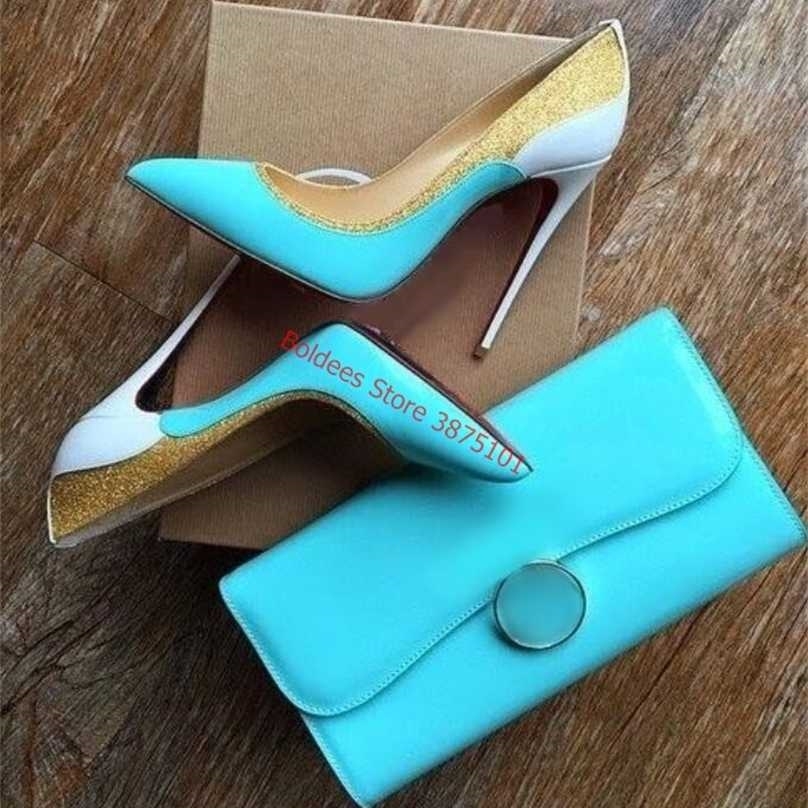 

est Gold Glitter Patchwork Dress Shoes Pointed Toe Blue White Patent Leather 12cm Stiletto Heels Pumps Celebrating 43 211029, 12cm shoes no bag