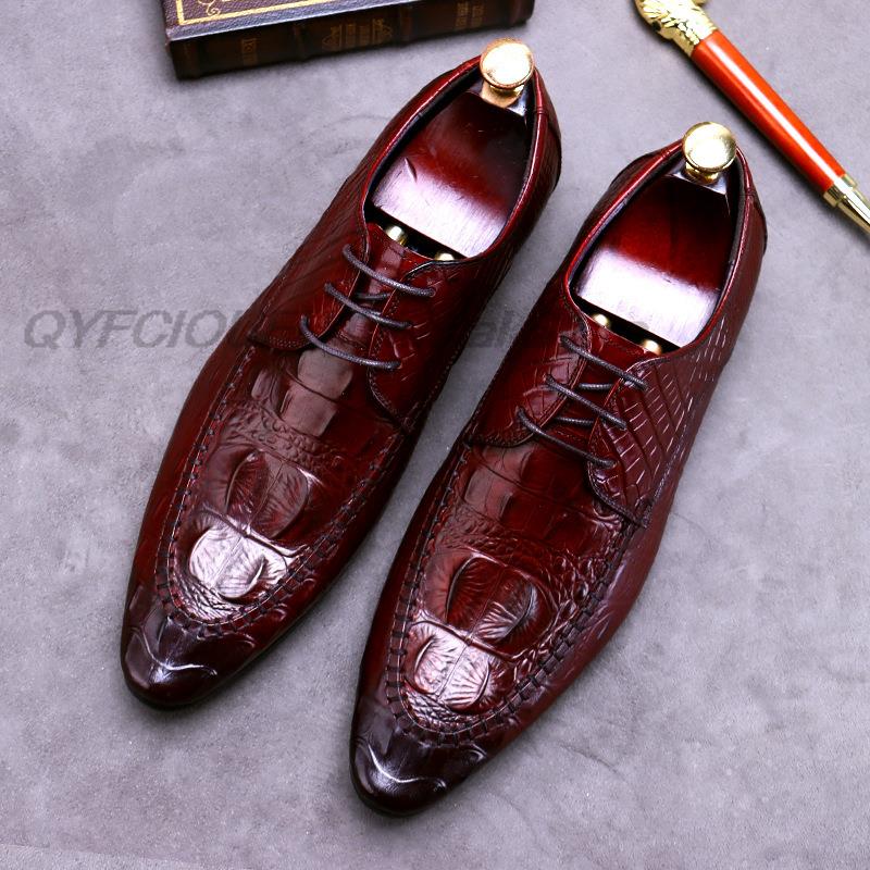 

Pointed Toe Mens Oxford Dress Shoes Genuine Leather Burgundy Black Mens Crocodile Shoes Lace Up Business Office Formal Shoes Men