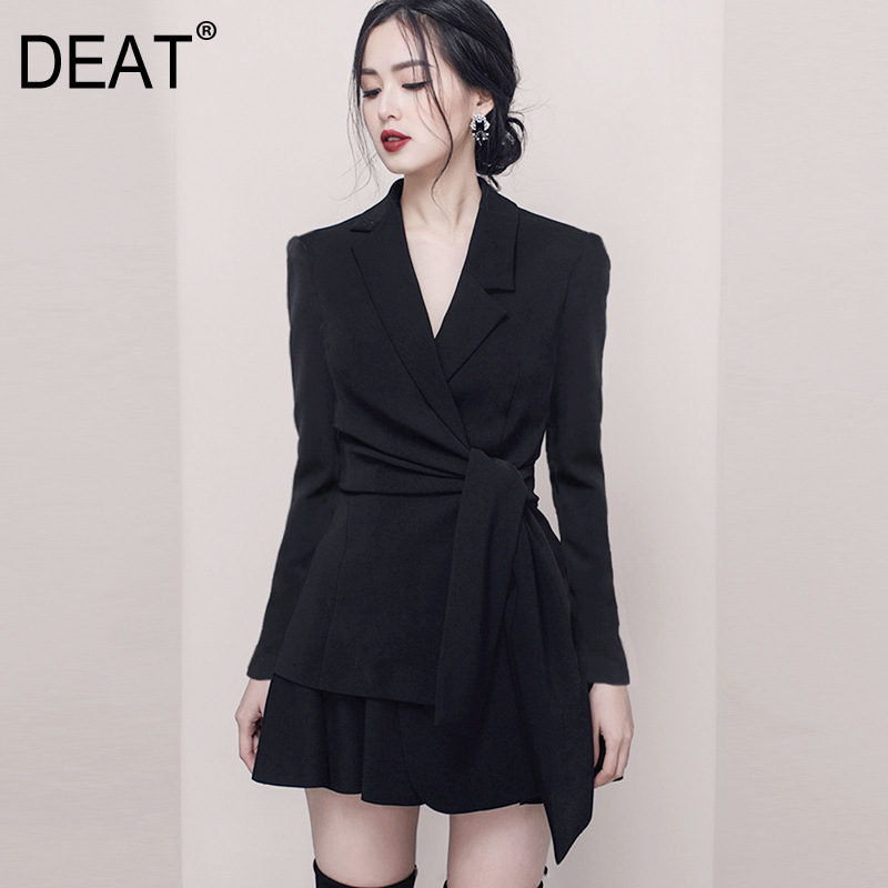 

Women Notched Neck Long Sleeve Skirt Arrivals Short Two Piece Set Temperament Fashion Spring Summer 11D514 210525, Black