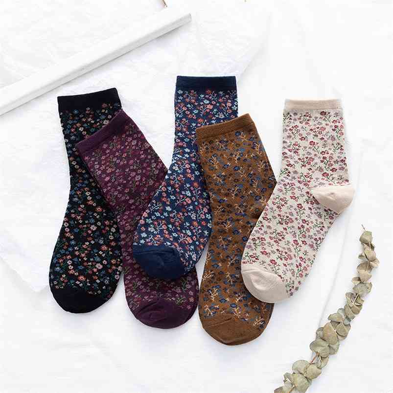

5 Pairs Print Flower Socks Fashion Female Cotton Comfortable Korean Style Women Socks Beautiful Patterns Chaussettes 210720, Beige