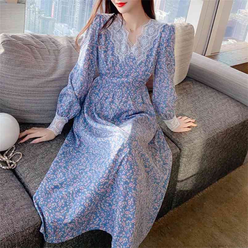 

Vintage Lace V-Neck Female Chiffon Dress Spring Full Sleeve Elegant Casual Floral Print Women Midi 210519, Photo color