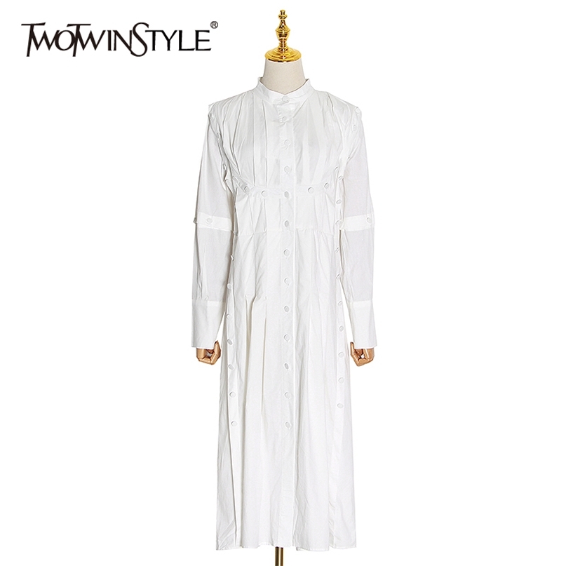 

Casual Asymmetrical Dresses For Female O Neck Flare Long Sleeve High Waist Irregular Dress Womens Fashion 210520, White