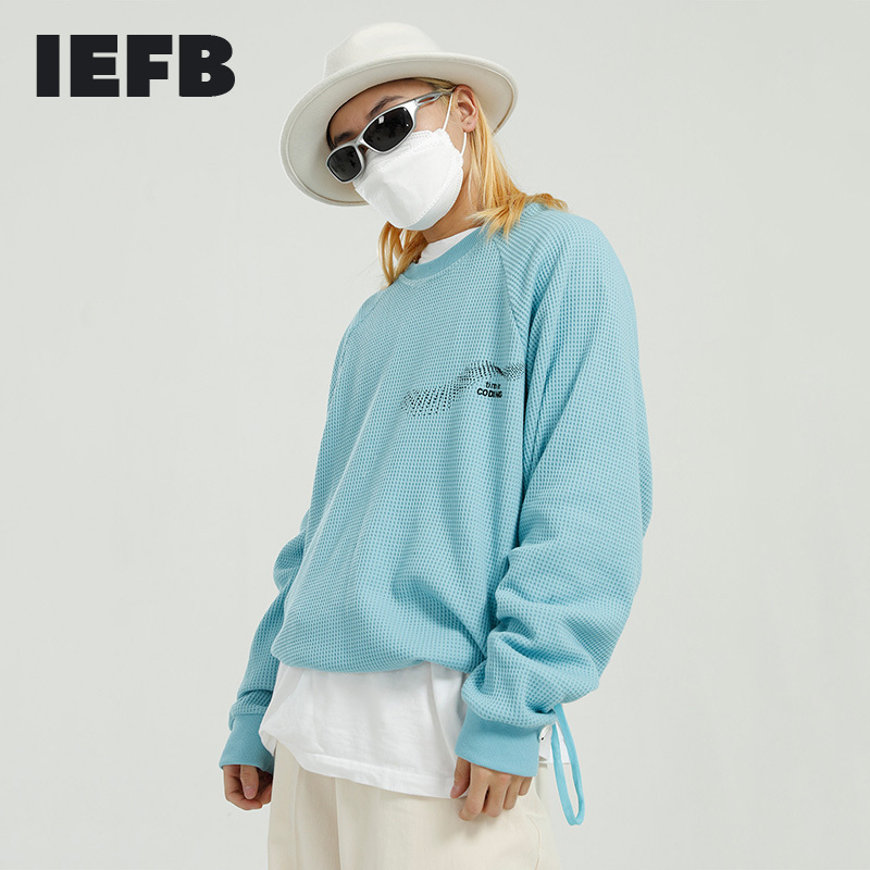 

IEFB Men's Clothing Spring O-neck T-shirt Korean Trend Loose Letter Print Casual Drawstring Hem Pullover Tops 9Y5827 210524, Blue