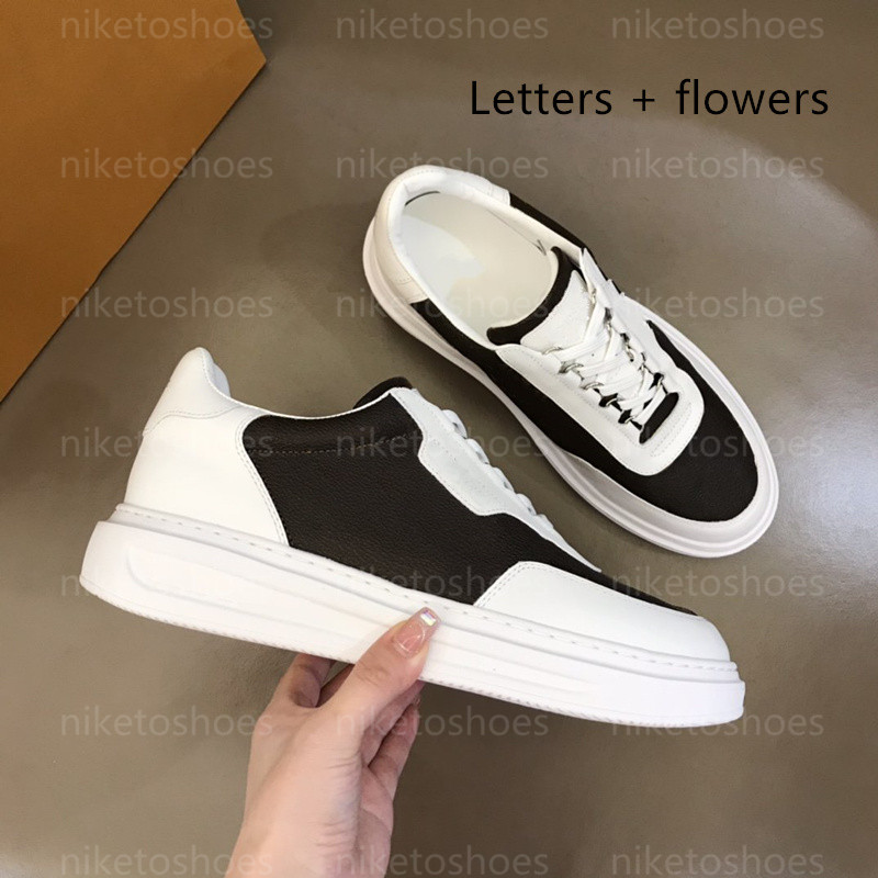 

Mens Designers Shoe White Grained Calf Leather Embossed Letter Flower Trainer Sports Shoes Ultra-Light Rubber Outsole Beverly Hills Sneaker, 01