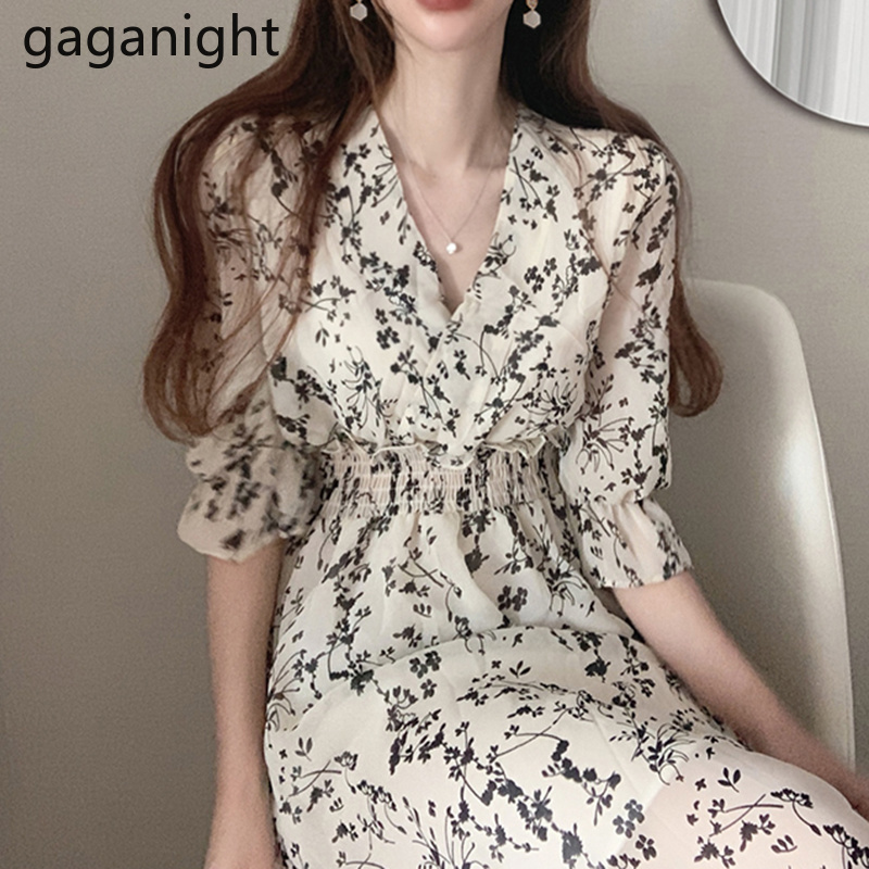 

Gaganight Women Retro Floral Dress Cross V Neck Wooden Ear Slim Long Vestido Summer Elegant Chiffon Short Sleeve Dresses Femme, Black