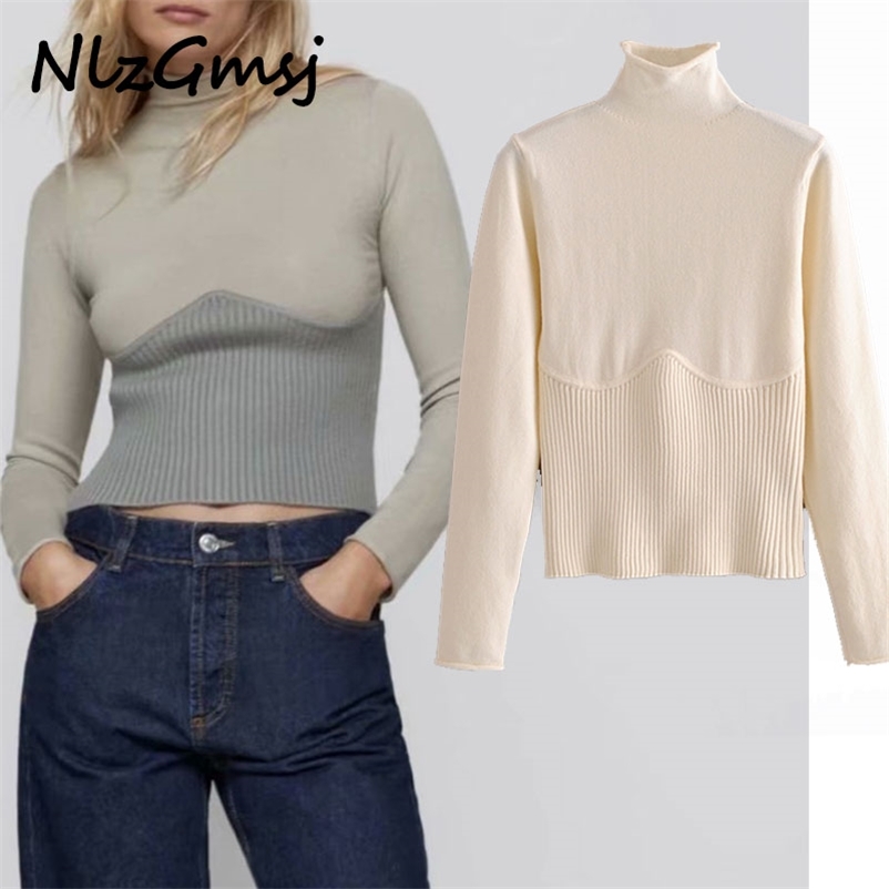 

Sweater Women Patchwork Turtleneck Knitted Jumper Female Slim Pullovers Chic Tops 210628, As picture