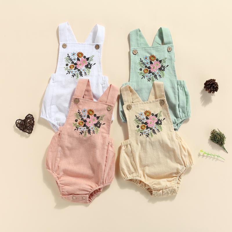 

Rompers Infant Baby Boys Girls Summer Sleeveless Romper With Flower Embroider Toddler Kids Bottom Button Backless Casual Clothing, White
