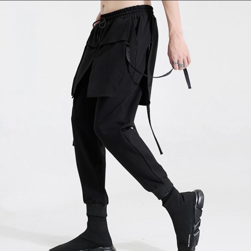 

Men's Clothing Nine Pants Stereo Cut Stitching Fake Two-piece Slim Feet Male Singer Skirts 27-44 Original Personality, Black