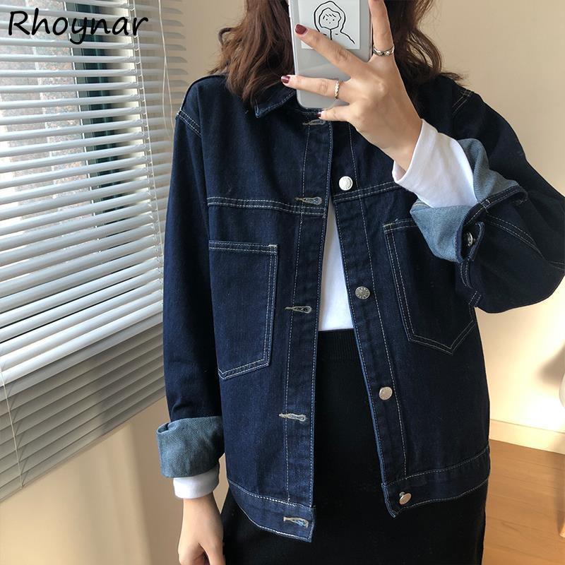 

Women' Jackets Basic Women Autumn Korean Style Vintage Pockets Bright Line Design Denim Ladies Fashion Casual Harajuku Aesthetic Mujer, Dark blue